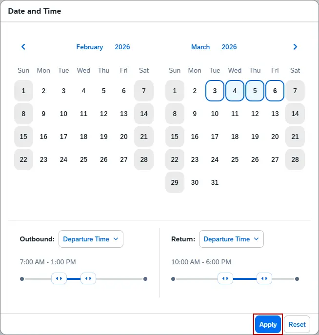 Date and Time popup window show calendar and outbound and return times for flights, Apply button is highlighted 