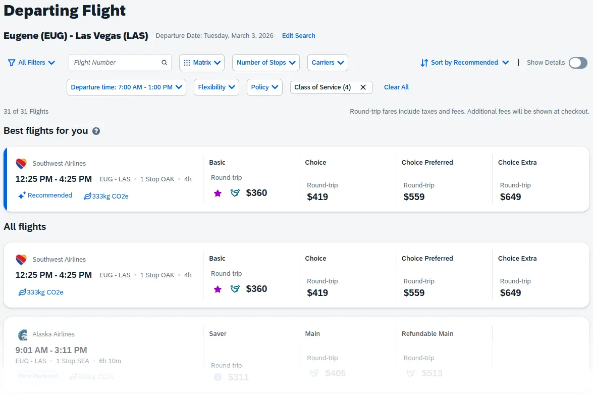Departing Flight search results shown, with sort & filter options at top, best flights for you section below, and all results at bottom