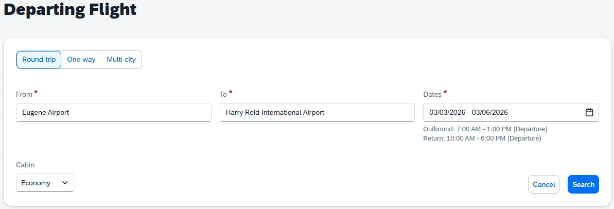 The search criteria (type of flight, airport locations, dates/times) can be edited and then click Search button to start new search