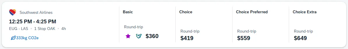 One flight result showing airline, flight departure/arrival times, number of stops, total time, and to the right are 4 different fare types & prices