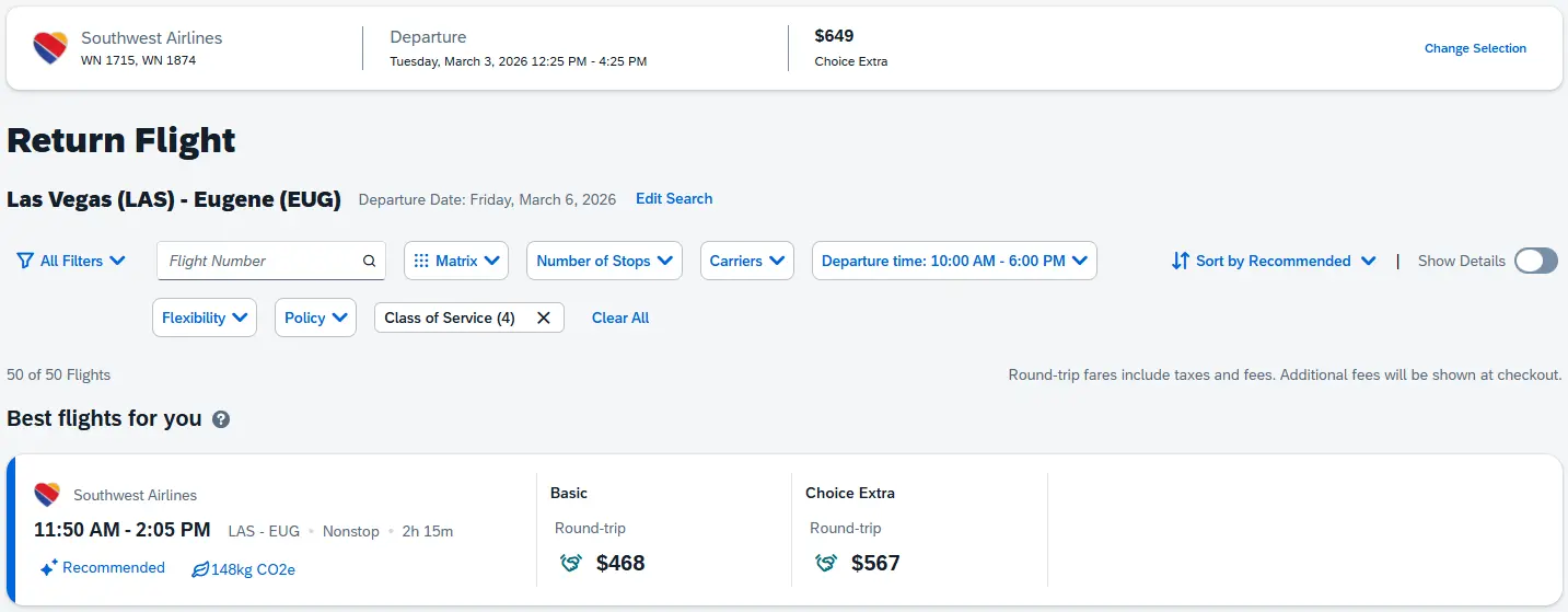 Return Flight results, selected Departing Flight information provided above 
