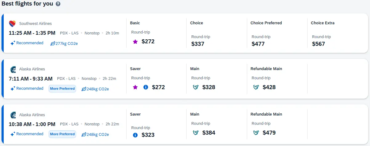 Best Flights for You section has three possible flights listed with various fare price points for each flight