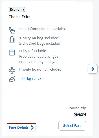 Close up of a specific fare with information about carry-ons, refundability/change fees, boarding, & CO2e emissions; Fare Details highlighted