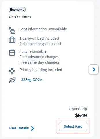 Close up of specific flight fare; Select Fare button highlighted