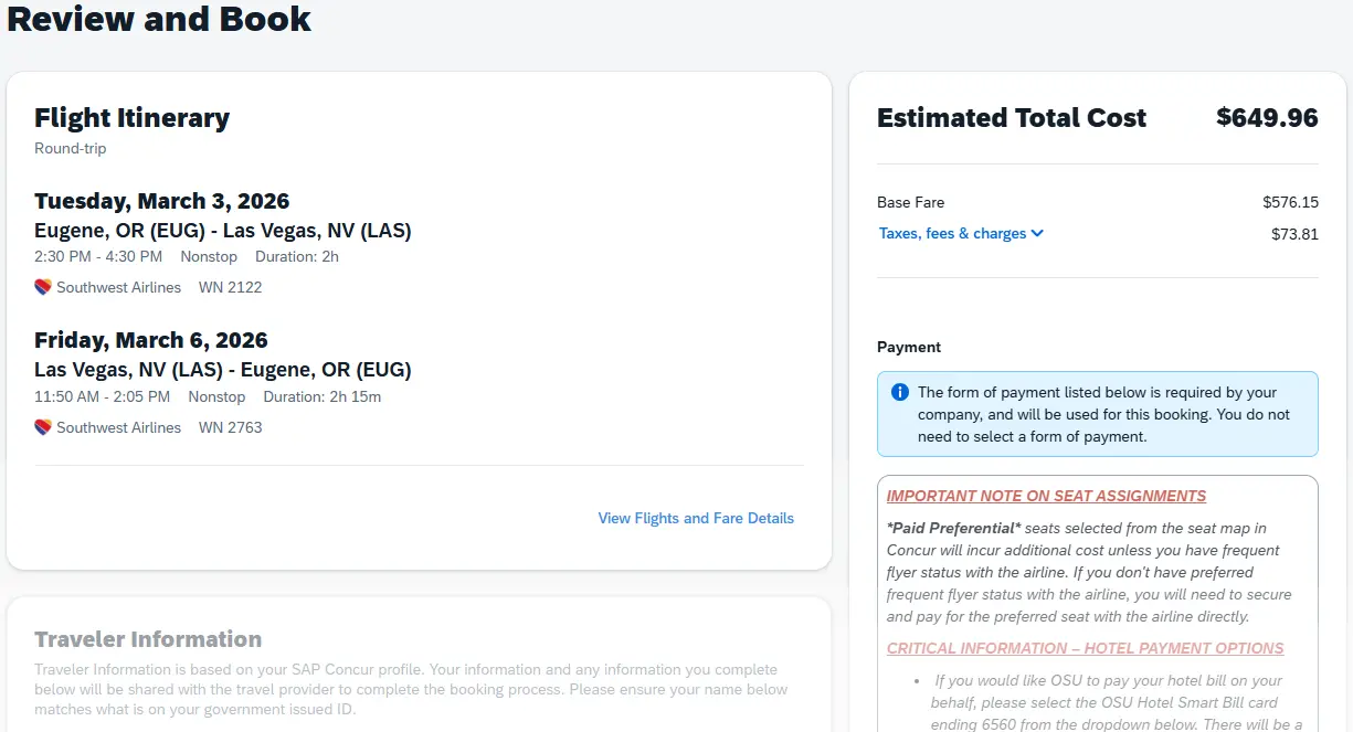 Review and Book screen with Flight Itinerary shown and partially shown Traveler Information and Estimated Total Cost sections