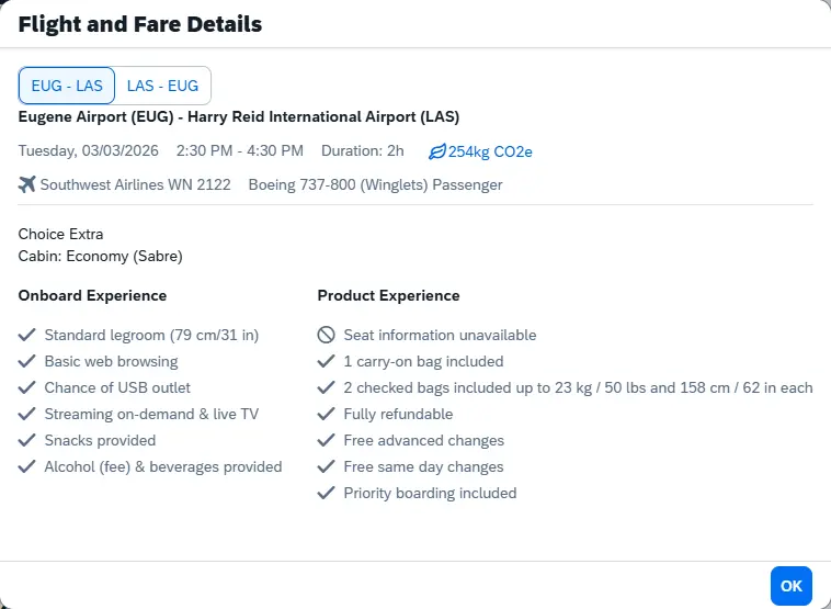Flight and Fare Details popup window shows more detailed flight information, including onboard & product experiences