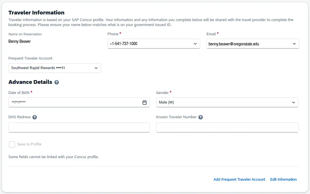 Traveler Information and Advance Details section from the Concur Review and Book screen