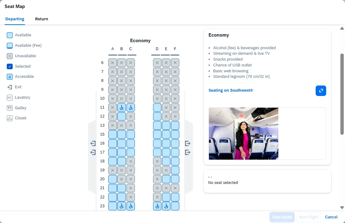Seat Map popup window showing available & unavailable seats, accessible seats, lavatories, galley, & exits
