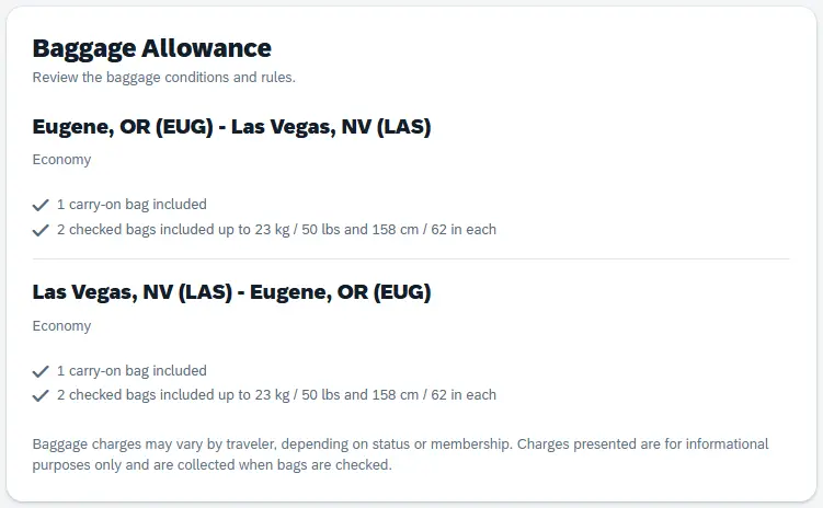 Baggage Allowance section showing basic carry-on and checked bag information for each flight