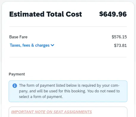 Estimated Total Cost section showing price and taxes for flight 