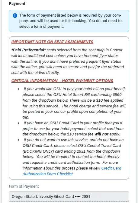 Payment subsection shows the Form of Payment as OSU's ghost card