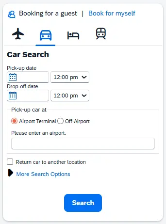 Travel Search widget has updated to Car Search, has "Booking for a guest" at top right