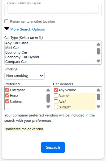 The Car Search has expanded More Search Options to show car types, preferred & other vendors