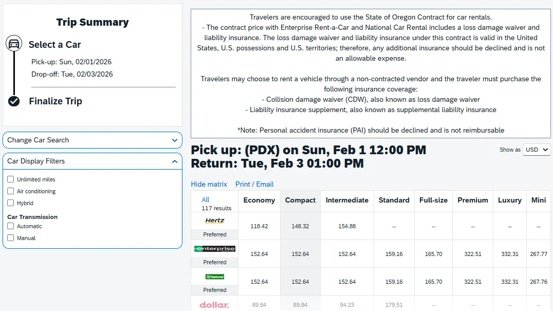 Initial results screen shows a matrix of car rental companies & rates for each based on car type