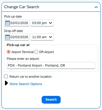 Change Car Search feature allows users to alter pick-up/drop-off dates, times, locations, & other preferences