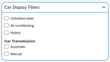 Car Display Filters show options to refine results by mileage, A/C, hybrid, & car transmissions