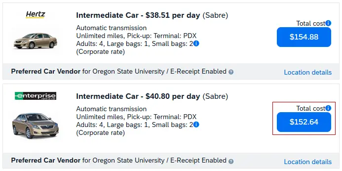 Two available options meeting search criteria are shown; user can compare rental options, the total price shown on button of one rental is highlighted