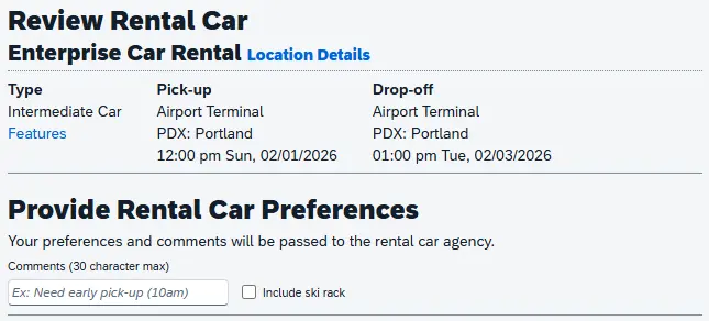 Review Rental Car screen with selected car rental info shown & preferences field available
