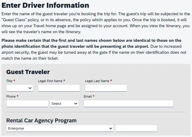 Enter Driver Information section of the Review Rental Car page