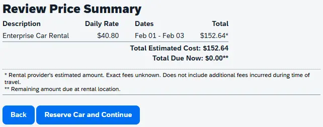 Review Price Summary section shown on the Review Rental Car page