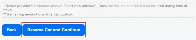 The Reserve Car and Continue button is highlighted on the Review Rental Car page