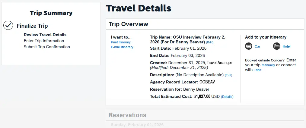 Travel Details page with trip summary steps on left and trip overview, reservations listed