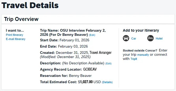 Trip Overview section of Travel Details page; shows start and end dates of travel, traveler info, and estimated cost; Add Car or Hotel icons on left side