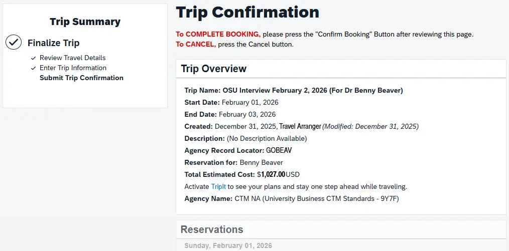 Trip Confirmation page with Trip Summary steps on left, Trip Overview, Reservations, & Confirmation buttons