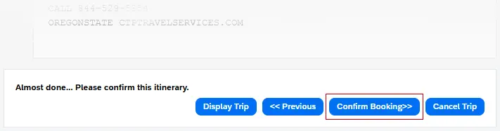 Bottom of Trip Confirmation page; Confirm Booking >> button highlighted