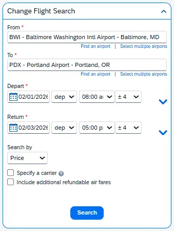 The Change Flight Search feature allows changes to departure/arrival airports, dates, & times