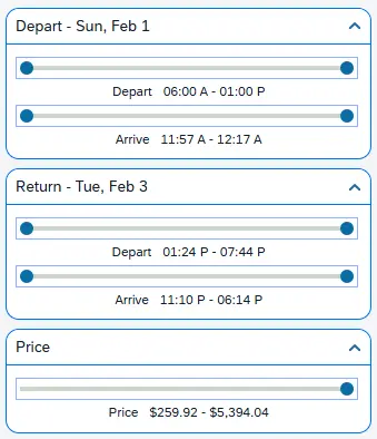 You can use the slider to adjust searches for departure/arrival times & price