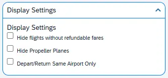 Display Settings has checkboxes to hide nonrefundable fares and other options