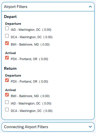 Airport Filters allows you to search for flights from other neighboring airports for departures & arrivals