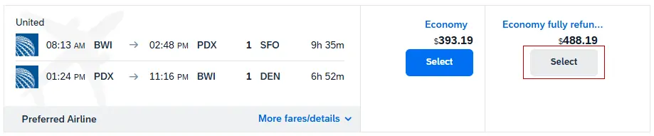 Flight with two different fare classes shown, the Select button is highlighted on the refundable fare