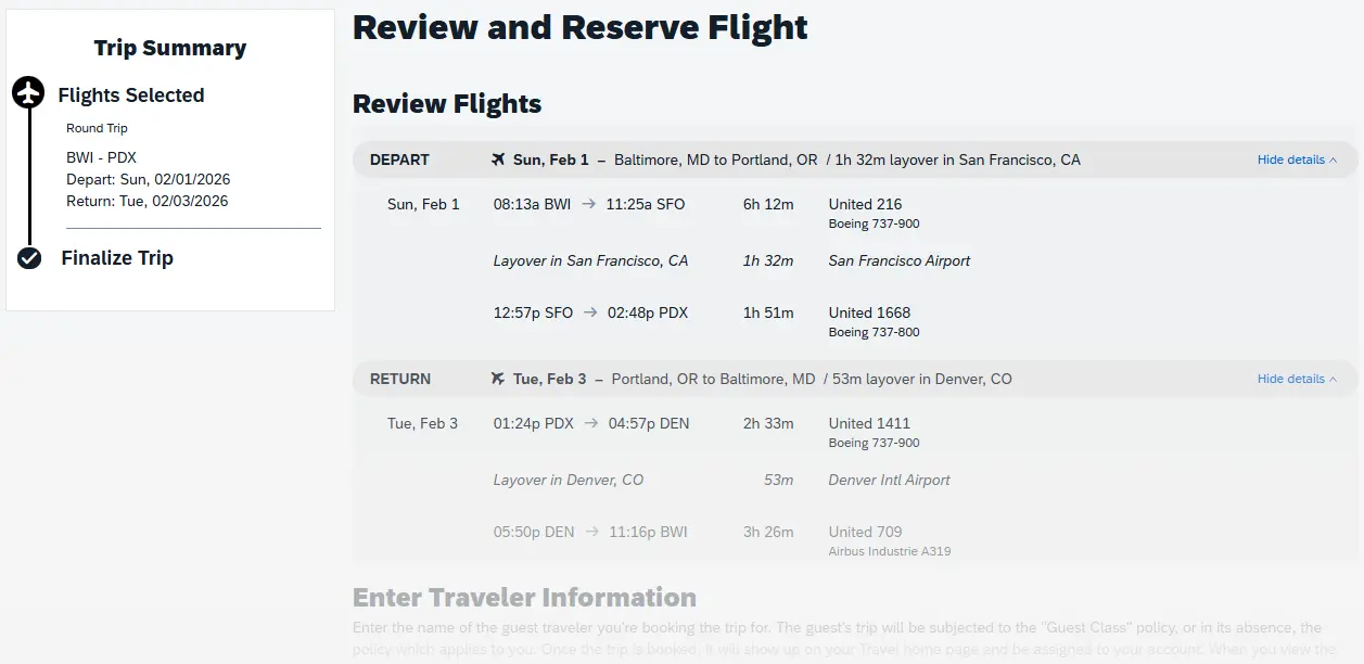 The Review & Reserve Flight page shows a Trip Summary on the left and Review Flights, Enter Traveler Information, and Select Payment sections on right