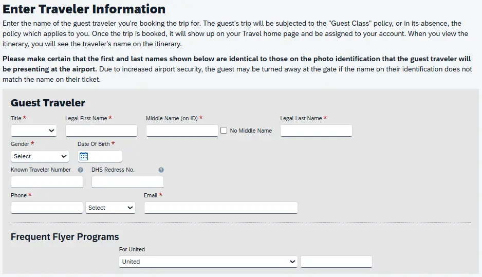 Enter Traveler Information section on the Review & Reserve Flight page