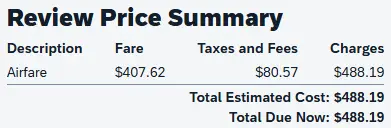 Review Price Summary section shown on the Review & Reserve Flight page