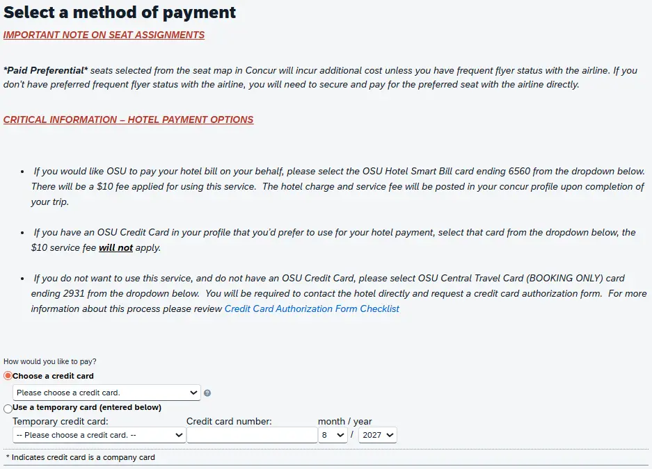 Select a method of payment" section outlines important information for flight selection, provides a dropdown menu to select Ghost Card for payment