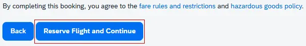 The Reserve Flight and Continue button is highlighted on the Review & Reserve Flight page