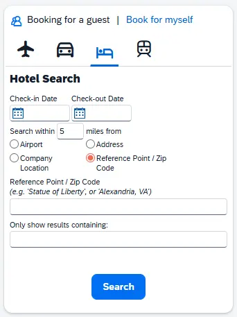 Travel Search widget has updated to Hotel Search, has "Booking for a guest" at top right