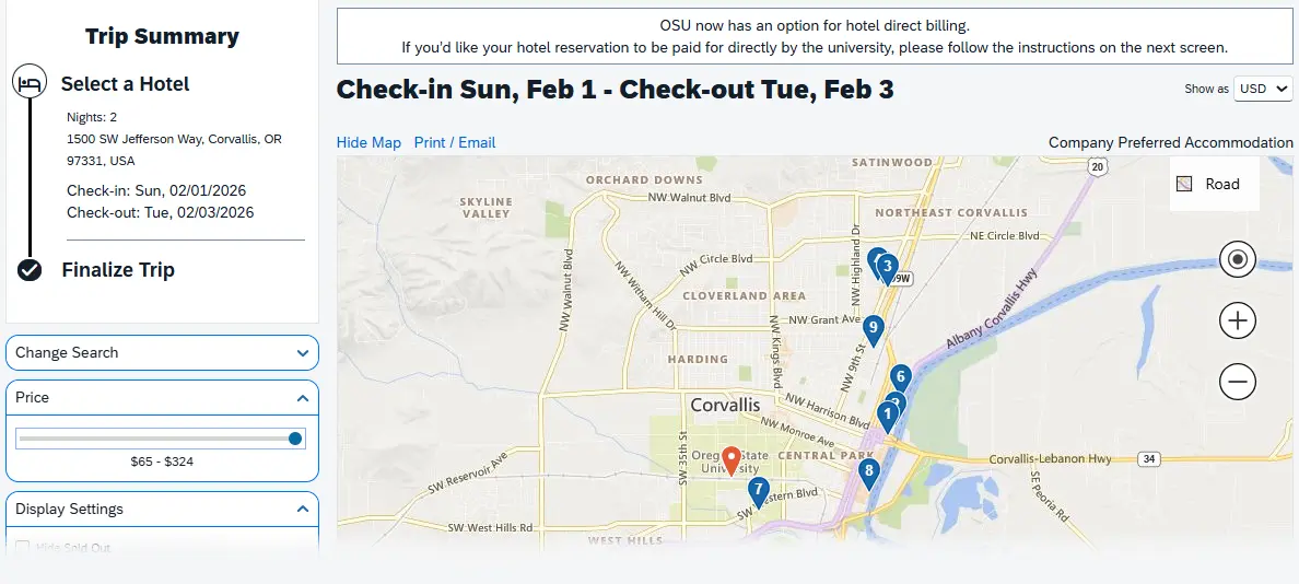 Initial hotel search results show a map of hotel locations, list of available hotel options, & search filters