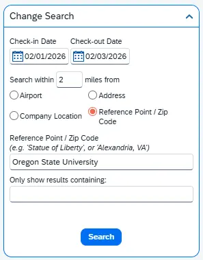The Change Search feature allows changes to dates of stay, miles from location, and locatoin