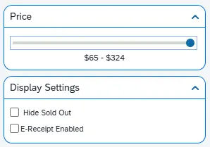 The Price setting has a slide bar between the lowest & highest prices; the Display settings has checkboxes to hide sold out or select e-receipt enabled