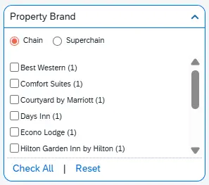 The Property Brand setting offers selection of chain or superchain, and checkbox selections for specific brands