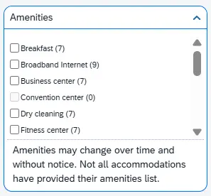 The Amenities setting has checkboxes next to various amenities offered by various hotels