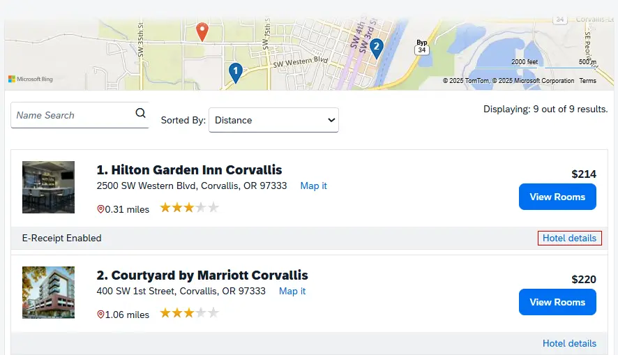 A list of hotel options below the map with an overview of the distance, cost, rating, and button to view rooms; the Hotel Details link is highlighted