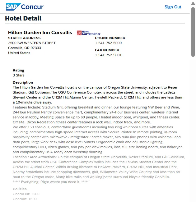 The Hotel Details popup window provides more detailed information on hotel, including check-in/out times, amenities, and description