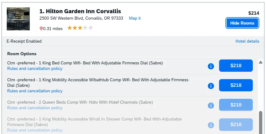 Available rooms from hotel have expanded under the hotel listing, with room type and rate listed for options