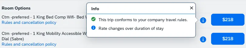 The blue Info icon has a popup window showing if the room is in policy & if rates change over stay