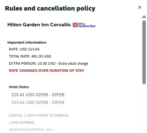Rules and Cancellation Policy popup window provides room rate and cancellation policy information on the specific room